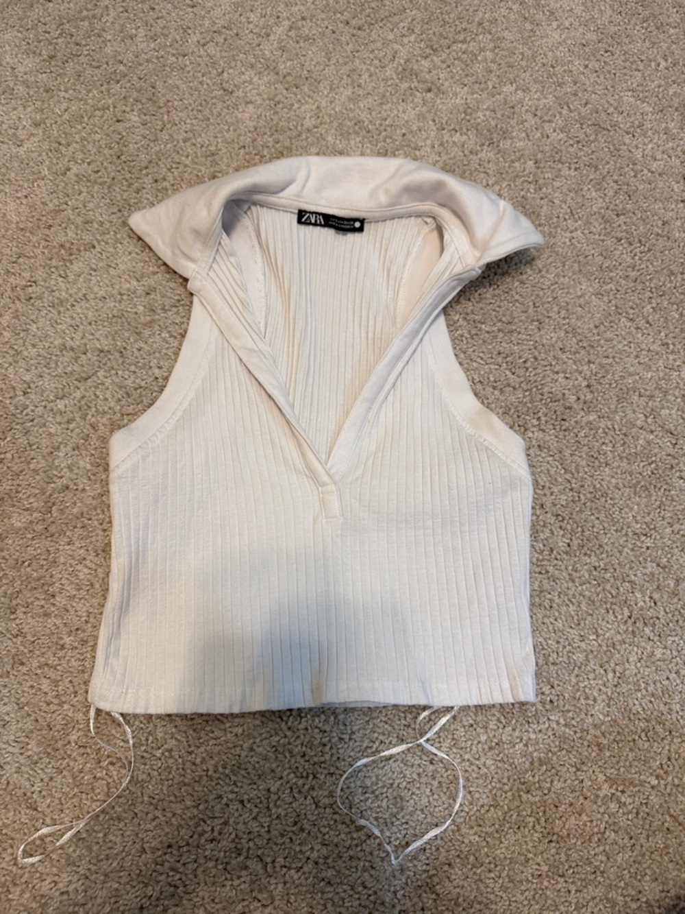 Zara Cream Ribbed Hooded Sleeveless Knit Top